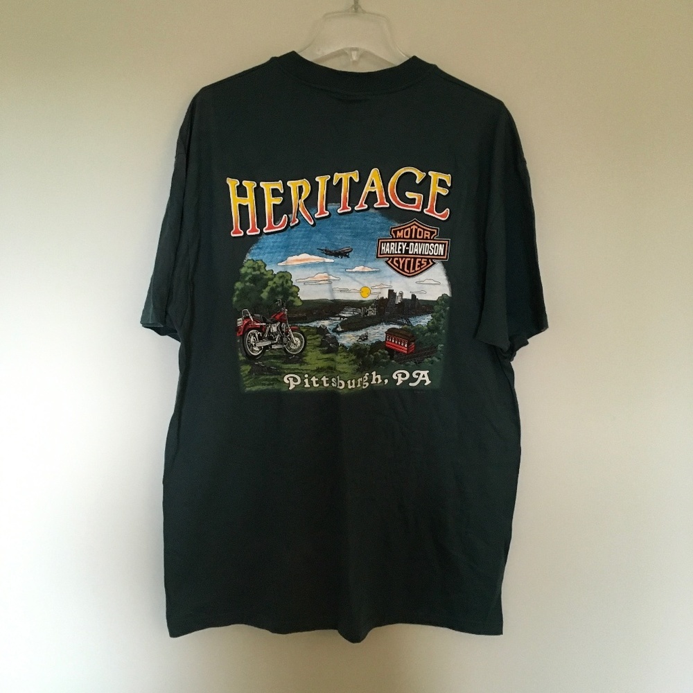 VTG 1997 Harley Davidson Pittsburgh, PA Heritage Green T Shirt Mens XL USA Made